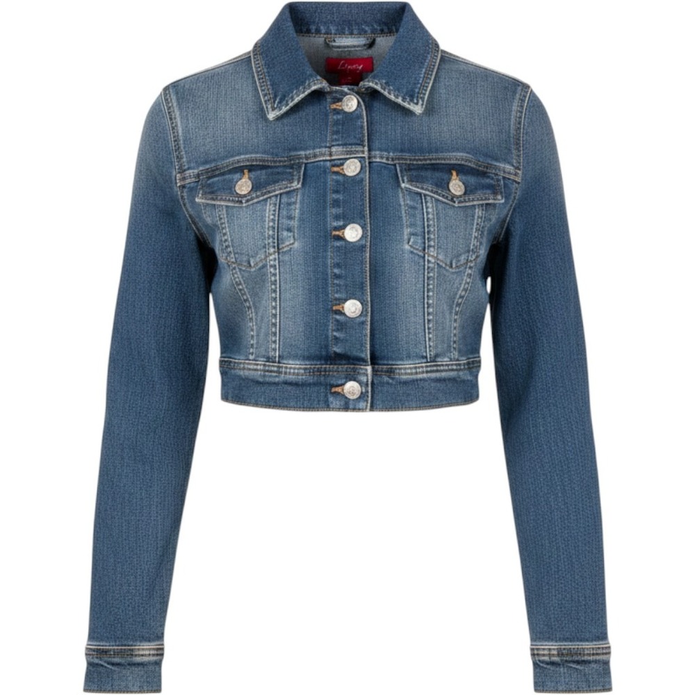 Lipsy Denim Jacket Women Large Blue Excellent Cropped Stretch Ramie Cotton Blend
